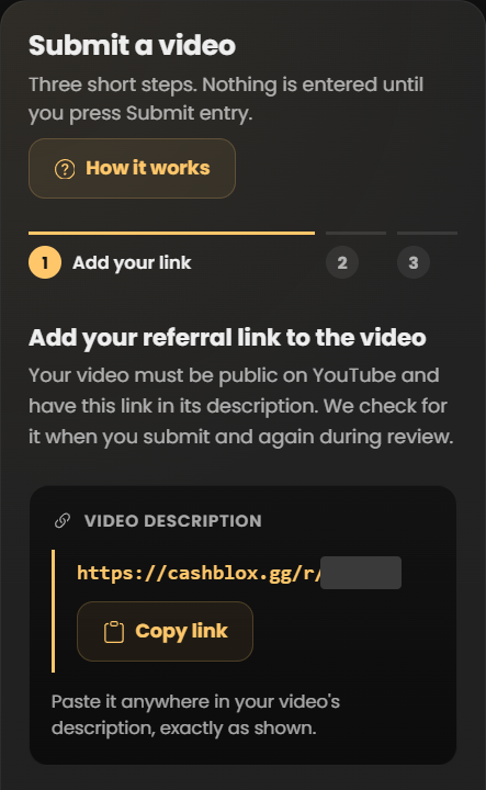The Creator Program's Submit a video panel at step 1, showing a referral link with its code hidden and a Copy link button.