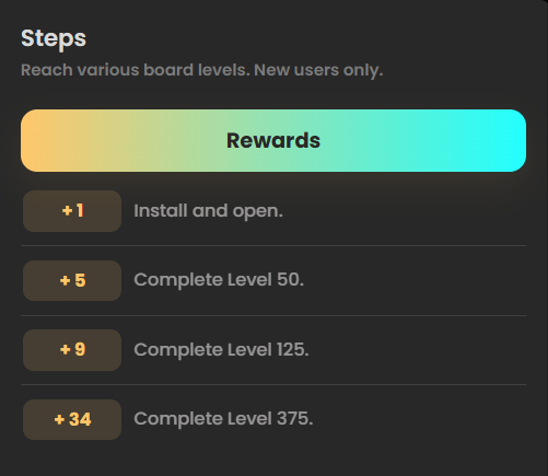 Steps for the Who is? Brain Teaser & Riddles game offer, from installing it for +1 to reaching level 375 for +34.