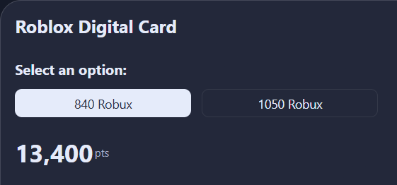 Microsoft Rewards listing for a Roblox Digital Card, with the 840 Robux option selected for 13,400 points.